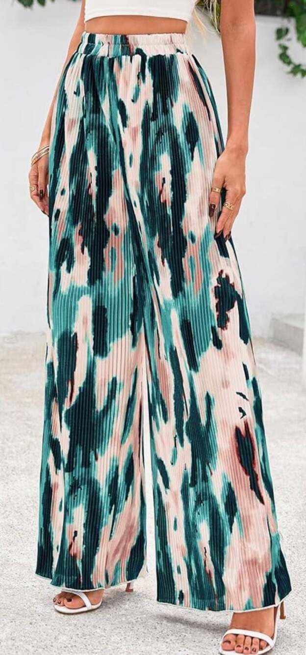 PRETTYGARDEN Pleated Wide Leg Palazzo Pants Abstract Teal Pink Black Women’s M
